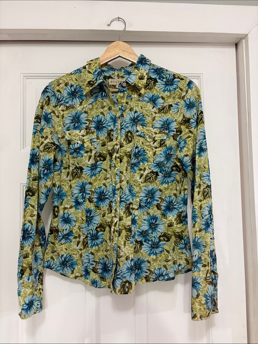 Stetson Olive Green Button-Down Shirt with Blue Floral Print
